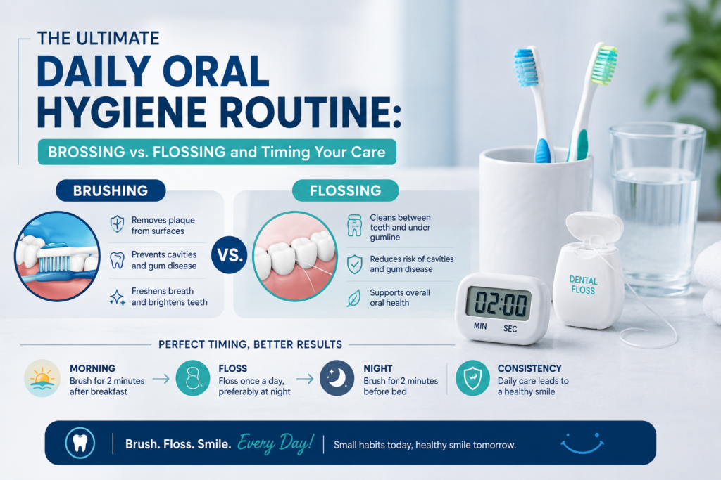 The Ultimate Daily Oral Hygiene Routine: Brossing vs. Flossing and timing your care.
