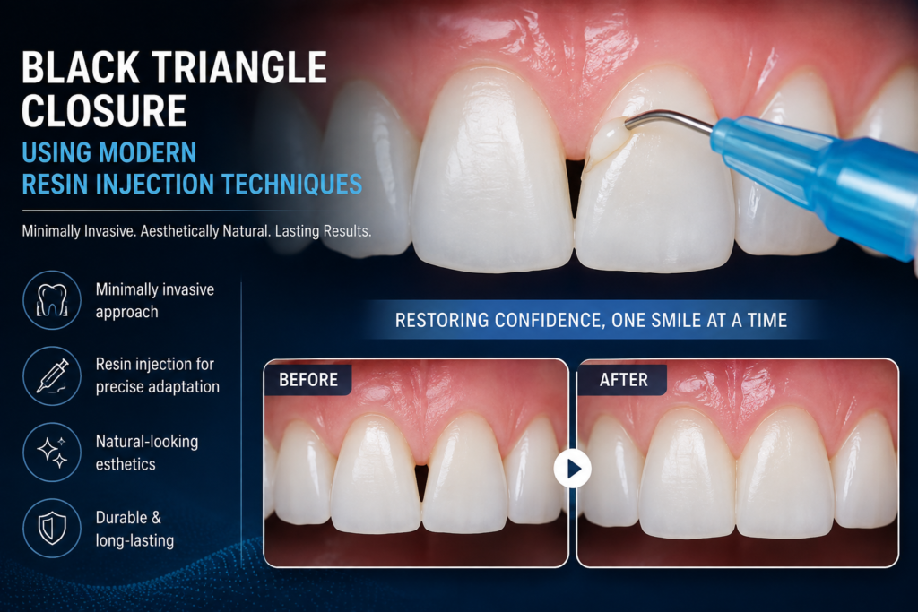 Black triangle closure using modern resin injection techniques