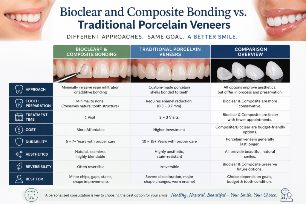 Bioclear and composite bonding vs. traditional porcelain veneers